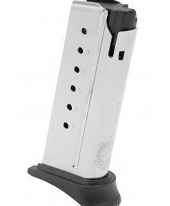 A silver handgun magazine with a black baseplate isolated on a white background.