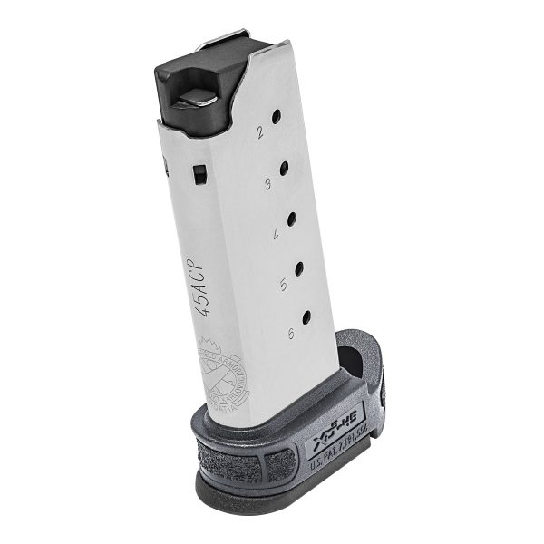 Stainless steel handgun magazine with black base, marked with "45 acp" and bullet indicator numbers.
