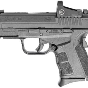 Black springfield xd-s mod. 2 9mm handgun with textured grip and red dot sight attachment.