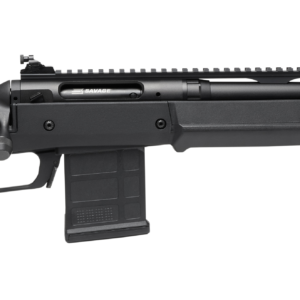 A black tactical rifle with a modern design, featuring a pistol grip, a detachable magazine, and a rail on top for accessories.