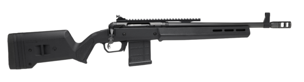 A black tactical rifle with a modern design, featuring a pistol grip, a detachable magazine, and a rail on top for accessories.