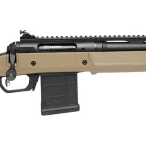 A side view of a modern rifle with a tan stock and black barrel, featuring a detachable magazine and a rail for accessories.