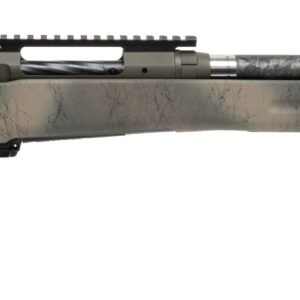 Side view of a camouflaged rifle with a long barrel and a tactical stock, suitable for firearms enthusiasts.