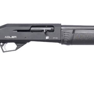 A black shotgun with a textured stock and foregrip, viewed from the side.