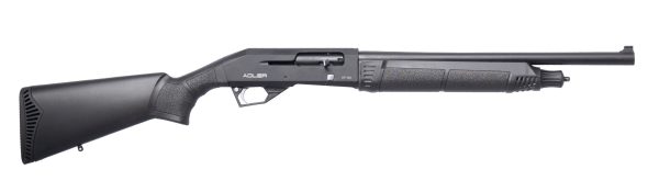 A black shotgun with a textured stock and foregrip, viewed from the side.