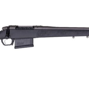 A side view of a black bolt-action rifle with a long, slender barrel and a textured stock.