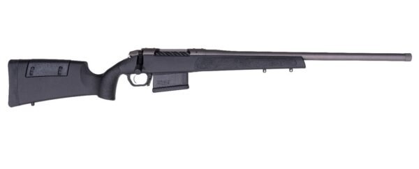 A black bolt-action rifle with a long barrel and a textured stock, positioned against a white background.