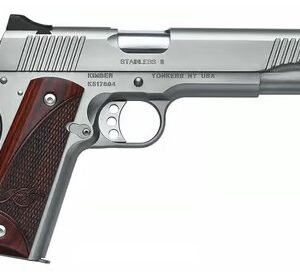 Silver semi-automatic handgun with brown wooden grip panels, engraved with "stainless ii" and manufacturer's details.