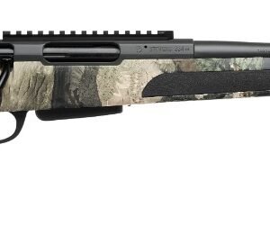 A side view of a camouflage-patterned hunting rifle, showcasing its barrel and stock design.