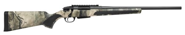 A side view of a camouflage-patterned hunting rifle, showcasing its barrel and stock design.