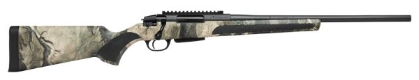 A side view of a camouflage-patterned rifle with a modern design, featuring a black barrel and a textured grip.