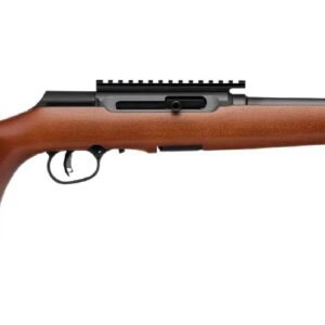 A side view of a wood-stocked rifle featuring a black barrel and a rail for mounting optics.