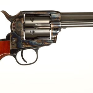 A side view of a vintage revolver with a wooden grip and a blued metal finish.