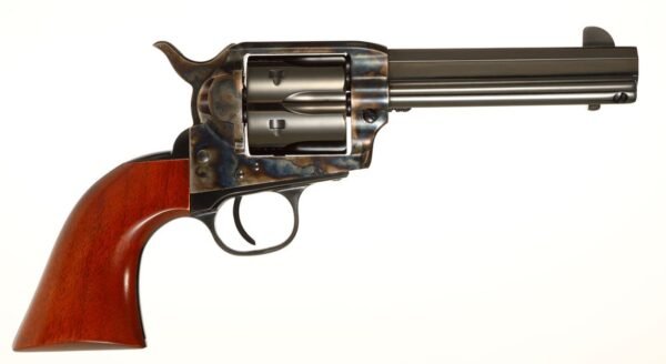 A side view of a vintage revolver with a wooden grip and a blued metal finish.