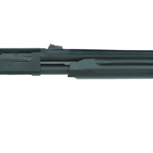 A side view of a black shotgun, featuring a smooth barrel and a textured grip, against a white background.