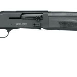 A black semi-automatic shotgun displayed horizontally with a smooth barrel and textured stock.