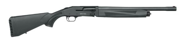 A black semi-automatic shotgun displayed horizontally with a smooth barrel and textured stock.