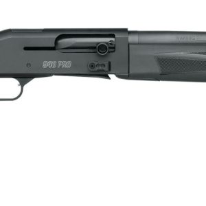 A black semi-automatic shotgun displayed horizontally with a smooth barrel and textured stock.