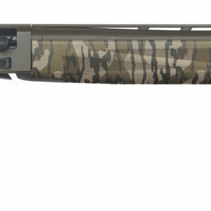 A camouflaged shotgun with a green and tan pattern, featuring a smooth barrel and a textured stock.