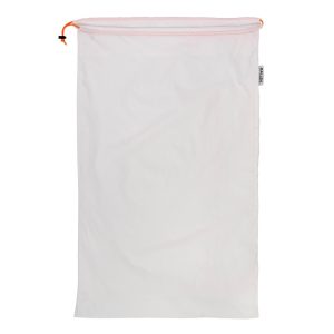 White drawstring bag with orange cord, Galen brand tag, firearms storage, Casey Iowa.