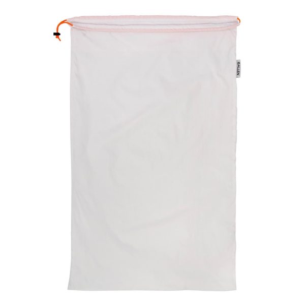 White drawstring bag with orange cord, galen brand tag, firearms storage, casey iowa.