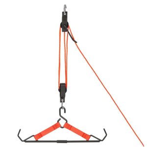 A hoist system with orange rope and a dark metal hanger for lifting equipment.