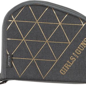 A gray firearm and ammunition bag featuring a geometric design and the text "GIRLS WITH GUNS."