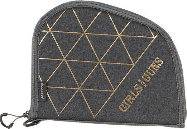 A gray firearm and ammunition bag featuring a geometric design and the text "girls with guns. "