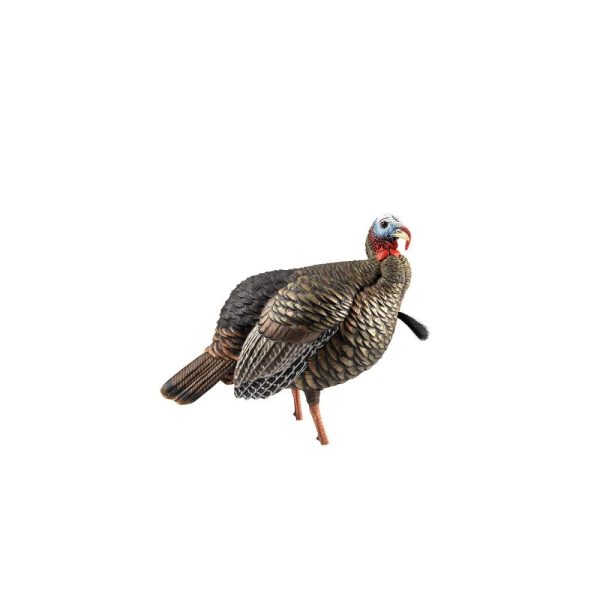 A realistic turkey decoy with detailed brown feathers, a red wattle, and blue head against a white background.