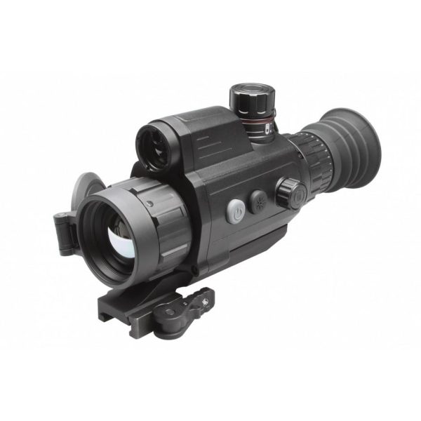 A black tactical night vision scope with various dials and a mounting rail.