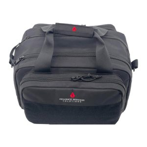 Black tactical bag with multiple zippers and handles, featuring a logo for "Advance Warrior Solutions."