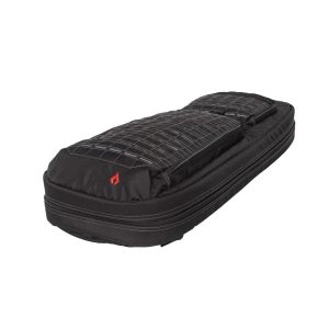 A black firearm bag with a structured design, featuring a grid pattern on the top and a red logo on the side.