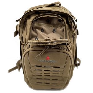 A khaki tactical backpack with multiple compartments and zippers, featuring a textured interior and the logo "Raven Warrior Solutions" on the front.