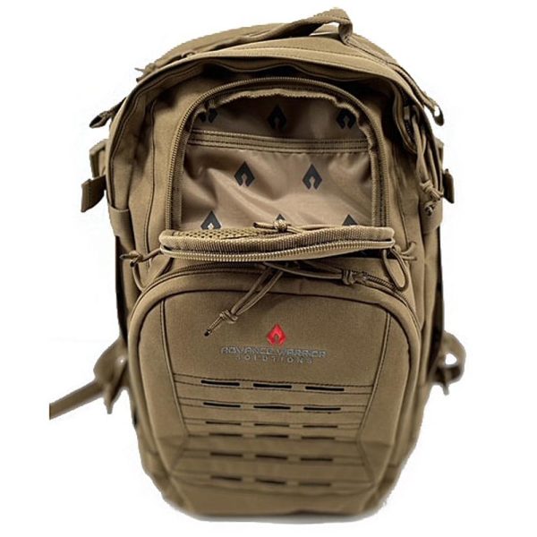A khaki tactical backpack with multiple compartments and zippers, featuring a textured interior and the logo "raven warrior solutions" on the front.
