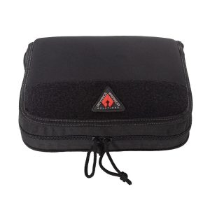 Black zippered bag with a velcro patch and a logo, designed for carrying firearms or ammunition.