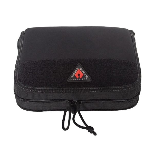 Black zippered bag with a velcro patch and a logo, designed for carrying firearms or ammunition.