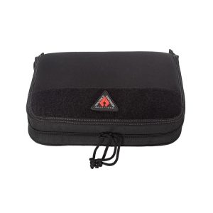 Black tactical bag with a zipper, featuring a patch on the front, suited for firearms or ammo storage.