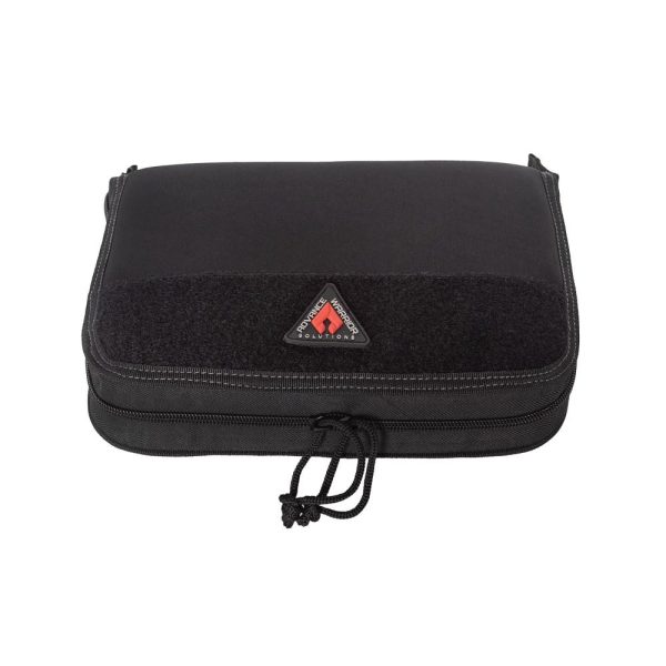 Black tactical bag with a zipper, featuring a patch on the front, suited for firearms or ammo storage.