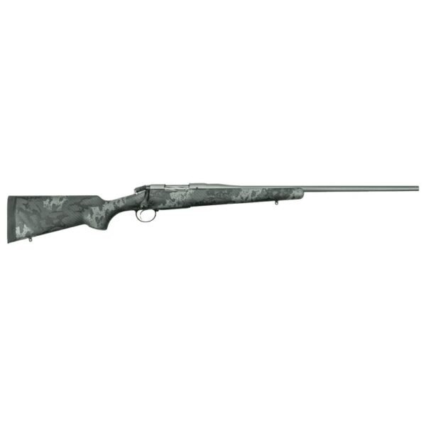 A camouflage-patterned rifle shown from a side angle, featuring a long barrel and a smooth stock.