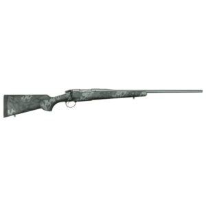 A camouflage-patterned bolt-action rifle with a long barrel in shades of green and gray.