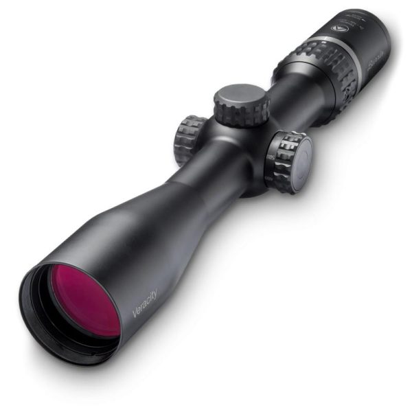 A black rifle scope with adjustable turrets and a purple objective lens, positioned on a white background.