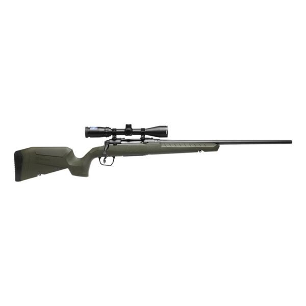 A green bolt-action rifle with a scope, viewed from the side against a white background.