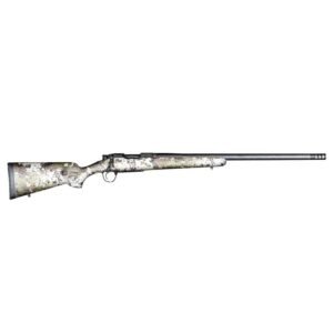 A camouflaged hunting rifle with a long barrel, displayed against a white background.