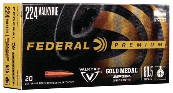 Box of federal premium. 224 valkyrie gold medal ammo with black and gold design, featuring 80. 5 grain berger open tip match bullets, labeled made in the usa.