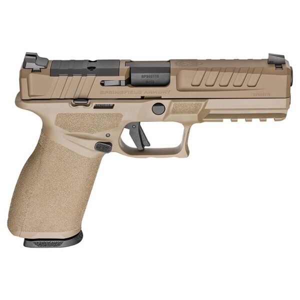 A springfield armory handgun in a tan finish, showcasing a textured grip and a sleek design.