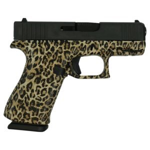 A close-up image of a handgun with a leopard print design on its grip, featuring a black top slide and trigger area.