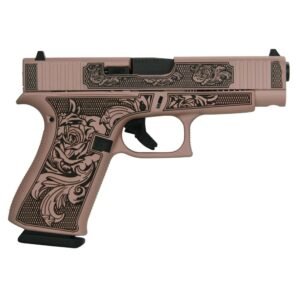 A decorative handgun featuring intricate floral engravings on the grip and slide, displayed against a white background.