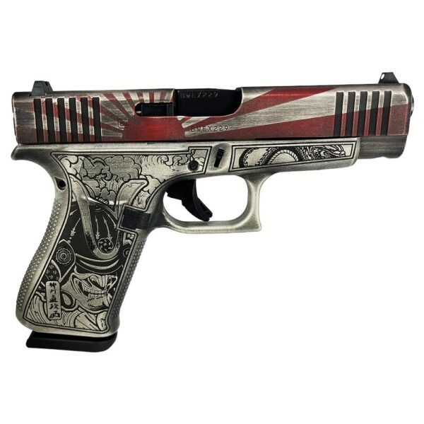 A detailed side view of a custom handgun featuring intricate engravings and a red and silver color scheme.