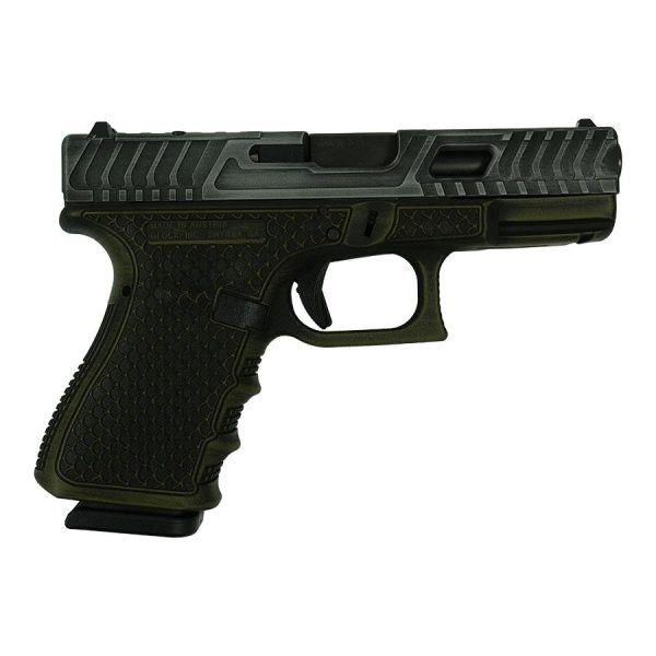 A close-up view of a semi-automatic pistol with a textured grip and an olive green finish.