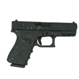 A black handgun with a textured grip and colorful splatter paint design on the body.